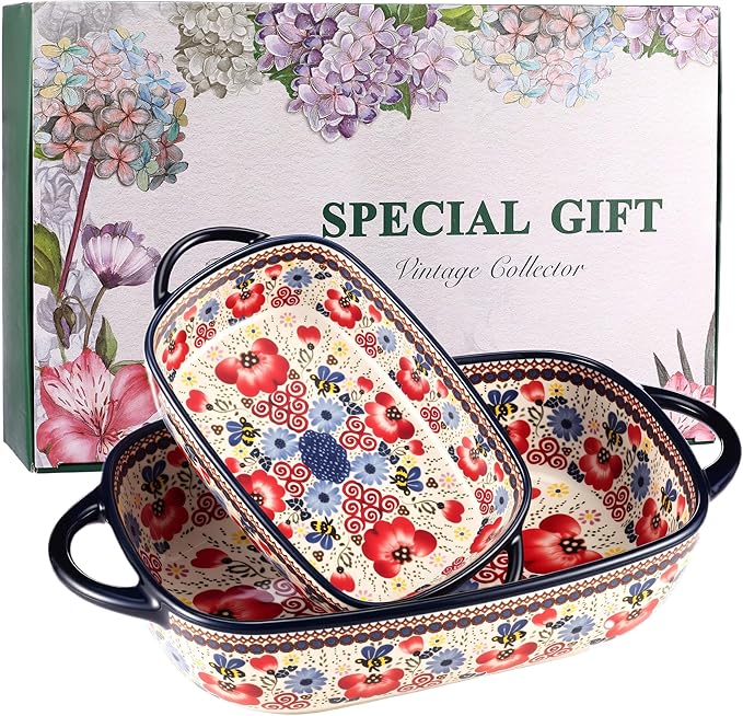 Ceramic Baking Dish Set of 2 – Decorative Polish Pottery Style Casserole Dishes with Handles, Cute Oven-Safe Lasagna Bakeware Gift Set