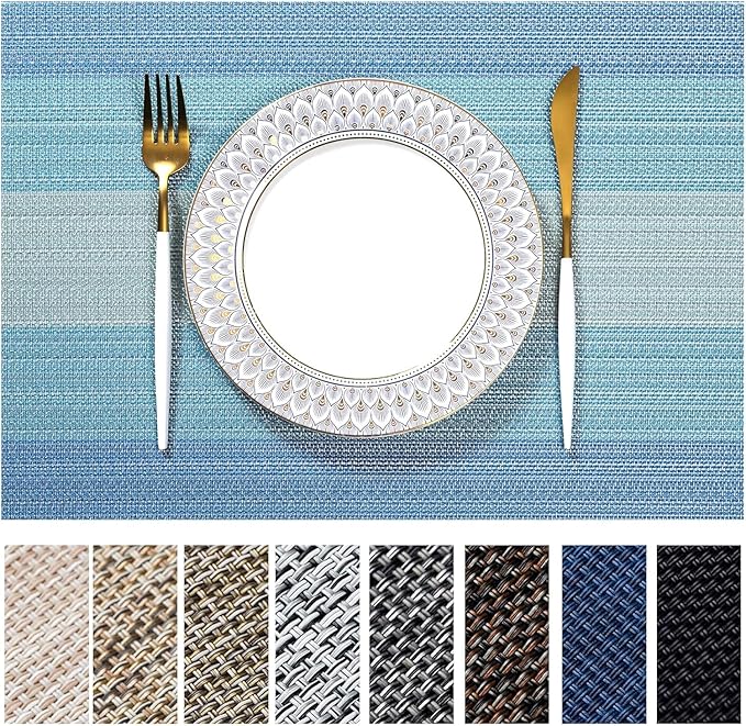 LEXMORE PlaceMats Set of 12 Vinyl/Plastic Woven Place Mats for Kitchen Table Indoor/Outdoor Washable PlaceMat Wipeable Dining Table Mats(Ocean Geode)