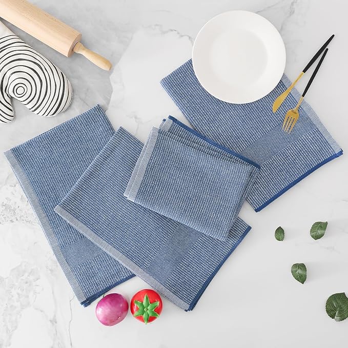 Homaxy Premium Kitchen Towels(18”x 28”, 8 Pack), Large Cotton Kitchen Hand Towels, Flat and Terry Dish Towels, 380 GSM Highly Absorbent Tea Towel Set with Hanging Loop, Navy Blue