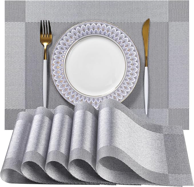 LEXMORE PVC Woven Placemats 12 PCS Wipeable Indoor/Outdoor Table Mats Washable Vinyl Place Mats for Dining Table, Set of 12-Silver Cube