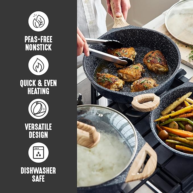 GreenLife 8 Piece Ceramic Nonstick Cookware Set, Induction Suitable Non Toxic PFAS-Free Pots & Pans, Dishwasher Safe, Cooking Set, Stock Pot, Saucepans & Frying Pans, Kitchen Cooking, Granite Black