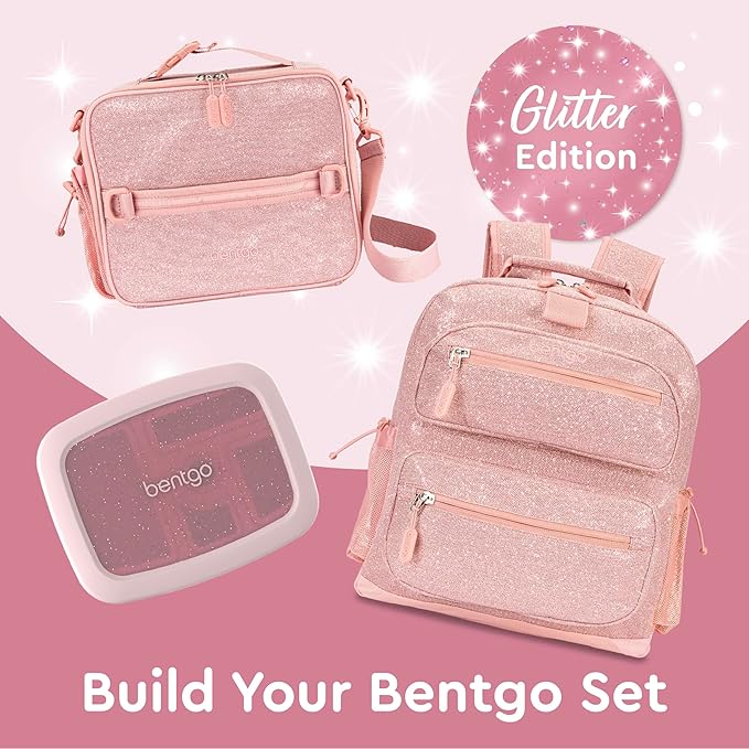 Bentgo Kids Lunch Bag - Double-Insulated, Reusable Lunch Bag for Kids 3+ with Adjustable Strap; Holds Lunch Box/Water Bottle/Snacks; Easy-Clean, Water-Resistant & Pockets (Glitter - Petal Pink)