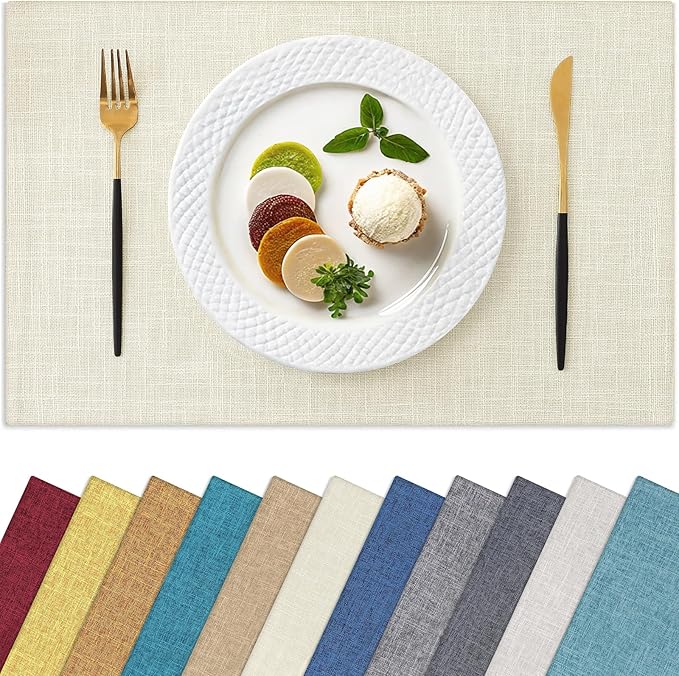 Homaxy Cloths Placemats for Dining Table Set of 4, Heat Resistant Washable Cotton Linen Blend Table Mats, Easy to Clean Place Mats for Indoor Outdoor Party Kitchen Decoration, 13" x 19", Cream