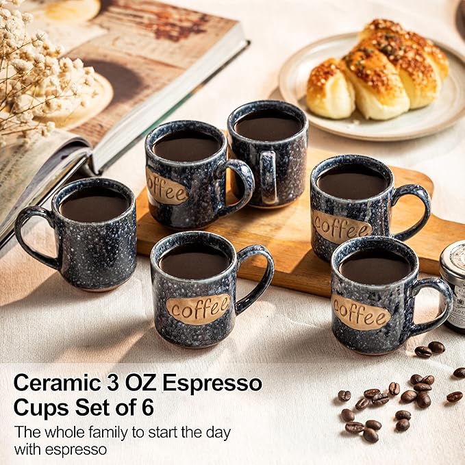 LYEOBOH Espresso Cups, Coffee Cups, Tea Cup, Coffee Cups Ceramic Set of 6, Cute Mini Cups 3 OZ, Microwave Dishwasher Safe, Ceramic Mug, Espresso Shot, Great for Coffee Bar Decor & Drinks, Blue