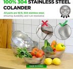 Premium 18/8 304 Stainless Steel Micro-Perforated Small and Big Colander Set of 4 with rings - 3.5-5.5-7.5-9.5 Quart Set, Self-Draining Solid Base for Pasta, Fruits, Vegetables