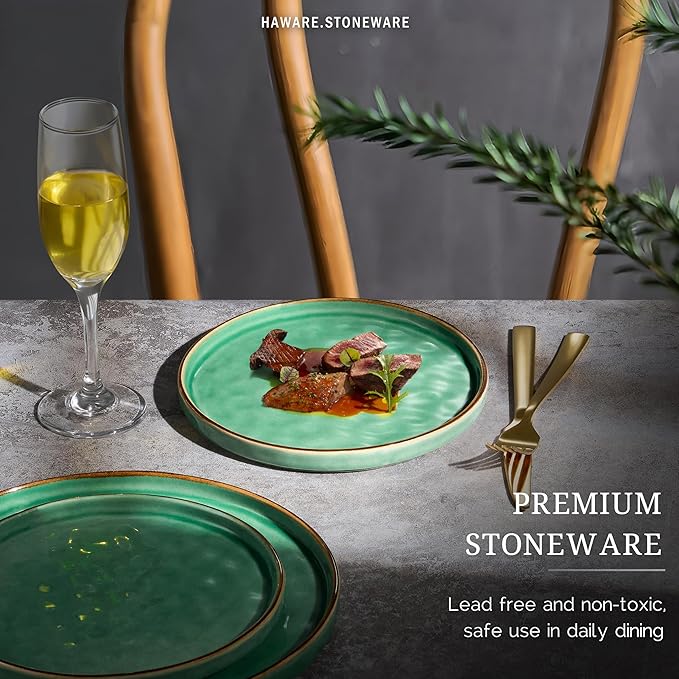 HaWare Stoneware Dinner Plates Set of 6, 10" Heavy Duty Ceramic Plate, Reactive Glaze Ripple Dinnerware for Home Restaurant, Chip and Scratch Resistant, Microwave and Dishwasher Safe, Reactive Green