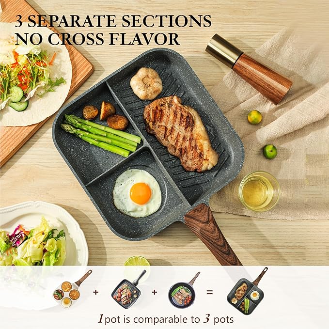 Sensarte Nonstick 11-Inch Square Grill Pan, 3-Section Versatile Breakfast Skillet, Die-cast Aluminum, PFOA, PFOS, APEO Free, Induction, Gas, Electric, Glass, Ceramic
