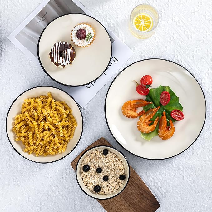 Plates and Bowls Sets for 4 - CJDC-QUELO 12-Piece Stoneware Dinnerware Sets, Ceramic Dishware Set for Indoor Kitchen Use and Formal Dining, Chip and Scratch Resistant Microwave Dishwasher Safe, Ivory