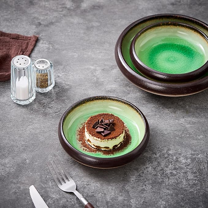 Ceramic Dinner Plates Set of 4, 6 Inch Large Porcelain Pasta and Salad Plates, Stoneware Plate Set for 4, Handmade Round Dishes for Home Decor, Microwave,Oven,and Dishwasher Safe, Green