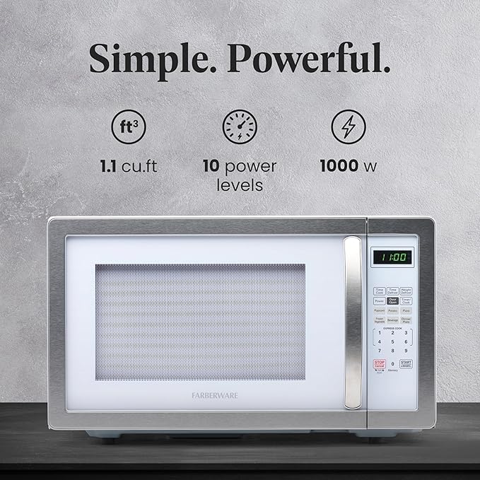 Farberware Countertop Microwave 1000 Watts, 1.1 cu ft - Microwave Oven With LED Lighting and Child Lock - Perfect for Apartments and Dorms - Easy Clean White, Platinum