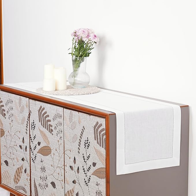 D'Moksha Homes Linen White Table Runner 144 Inches Long - 100% Pure Linen Extra Long Table Runner 14 x 144 Inch for Summer, Fall and Halloween - Classic Hemstitch
