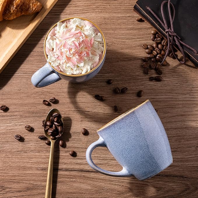 GBHOME Ceramic Coffee Mugs Set of 6, 12oz Stoneware Coffee Mugs Set For Dad Mom Women MEN, Light Weight Ceramic Coffee Cups for Latte/Tea/Beer/Hot Cocoa, Dishwasher & Microwave Safe-Brunnera Blue