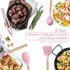E-far Silicone Cooking Utensils Set, 10-Piece Kitchen Utensils Set with Wooden Handle for Cooking, Non-toxic Silicone Kitchen Nonstick Tools Spatula Whisk Tongs Ladle, Heat Resistant & Health, Pink