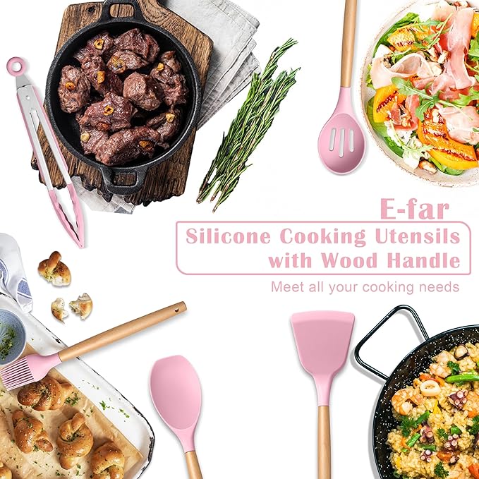 E-far Silicone Cooking Utensils Set, 10-Piece Kitchen Utensils Set with Wooden Handle for Cooking, Non-toxic Silicone Kitchen Nonstick Tools Spatula Whisk Tongs Ladle, Heat Resistant & Health, Pink