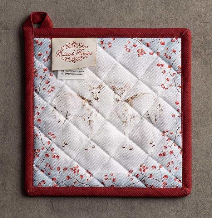 Maison d' Hermine Pot Holders 100% Cotton Heat Resistant Potholders 8" x 8" Hot Pads with Loop BBQ, Cooking, Baking, Grilling, Kitchen, Handling Hot Pans (Pack of 1, Fairytale Forest)