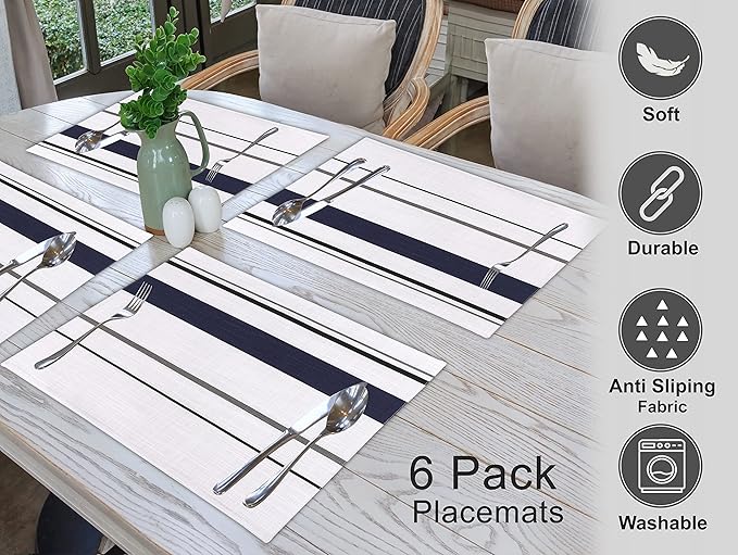 Ruvanti Placemats 100% Cotton 13x19 Inch, Dining Table Placemats Set of 6, Modern Place Mats for Dining Table Decor, Kitchen & Table Linens, Coffee Mat for Christmas Dinners - Navy Stripe