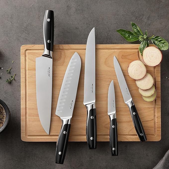 6-Piece Knife Block Sets，Stainless Steel Kitchen Knife Set with Block – High Carbon Black Knives, Dishwasher Safe，Holiday Gift