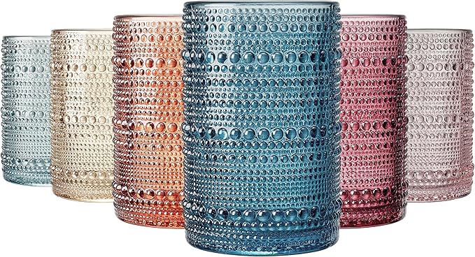 Khen Beaded Highball Drinking Tumbler Set | Set of 6 | Fall & Holiday Decor Vintage Hobnail 12 OZ Muted Bubble Design Whiskey Glassware, Old-Fashioned, Embossed Design Glass for Water Wine, Cocktail