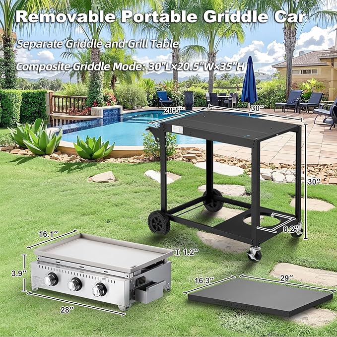 MELLCOM 3 Burner 30000 BTU Outdoor Gas Griddle with Lid (Side Shelf), Portable Flat Top Griddle 28 Inch Heavy- Duty Cast lron Grill, Bottle Rack & Grease Pan for Camping, Picnic, Patio