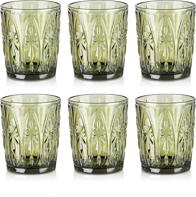 Joeyan Green Vintage Drinking Glasses,Embossed Small Water Glass Tumbler with Floral Design,11oz Colored Decorative Glassware for Beverages Juice Whisky Cocktail Beer Wine,Set of 6,Dishwasher Safe