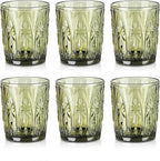 Joeyan Green Vintage Drinking Glasses,Embossed Small Water Glass Tumbler with Floral Design,11oz Colored Decorative Glassware for Beverages Juice Whisky Cocktail Beer Wine,Set of 6,Dishwasher Safe