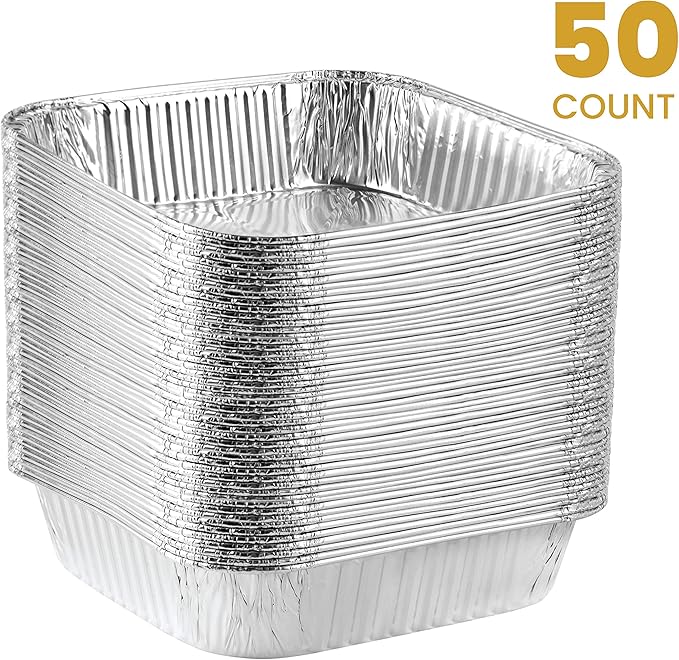 PLASTICPRO Disposable 8'' X 8'' X 2'' Inch Square Aluminum Tin Foil Baking Pans Bakeware - Cookware Perfect for Baking Cakes, Breads, Brownies, Bread, Meatloaf, Lasagna, Pack of 50