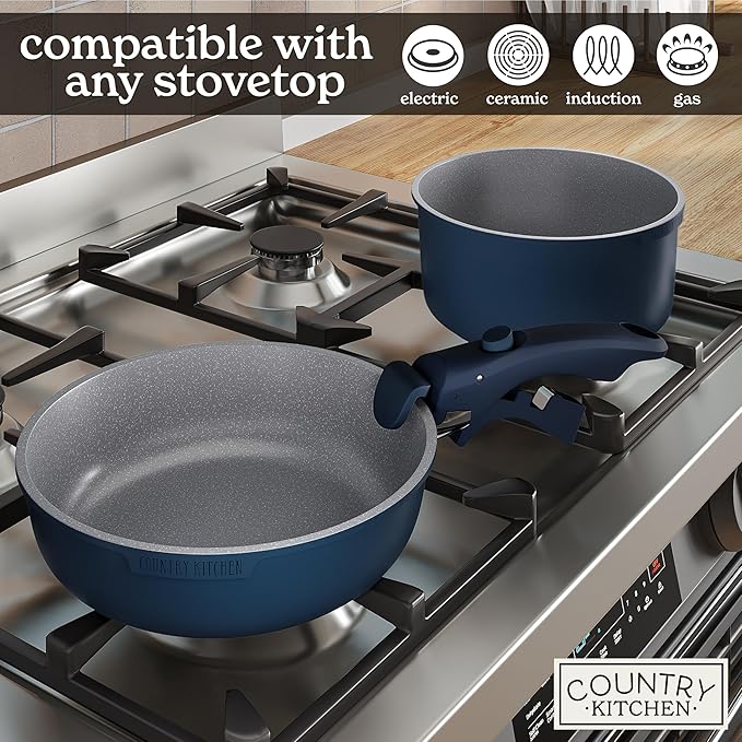 Country Kitchen Cookware Set with Removable Handle, Oven & RV Safe Pots and Pans Set, Denim, Original