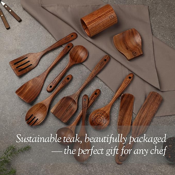 Wooden Spoons for Cooking – 12-Piece Teak Wood Utensil Set with Large Spoon Holder, Spoon Rest & 2 Spurtles – Non-Stick, Heat Resistant, Comfortable Grip Kitchen Tools