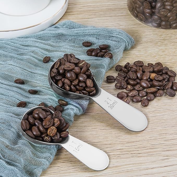 Stainless steel coffee scoop 2-piece set (1 tbsp, 2 tbsp) durable Tablespoon, ergonomic measuring spoon, Suitable for small and large jars，short-handled spoon (Silver)