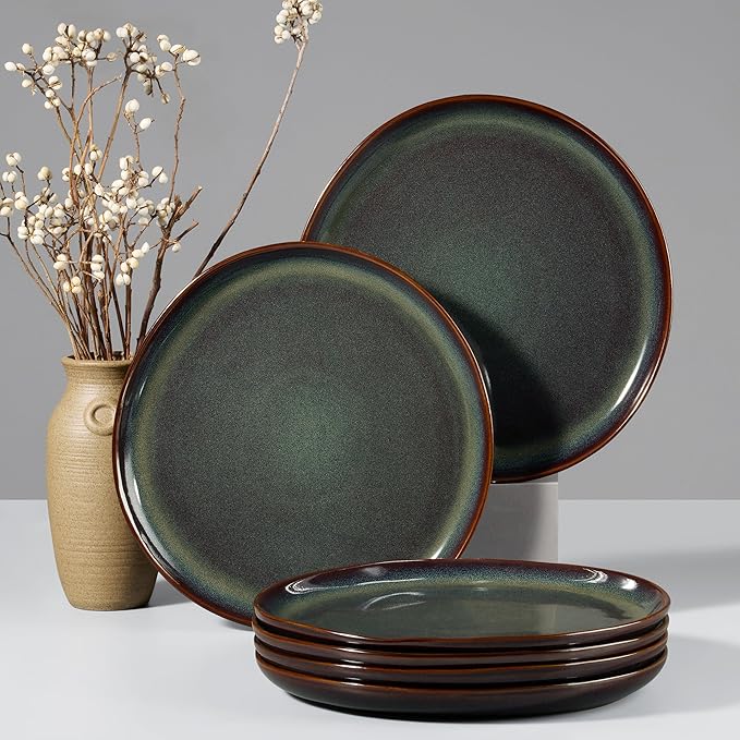 HaWare Stoneware Dinner Plates Set of 6, 10" Heavy Duty Ceramic Plates, Reactive Glaze Dinnerware for Home Restaurant, Chip and Scratch Resistant, Microwave and Dishwasher Safe, Reactive Moss Green