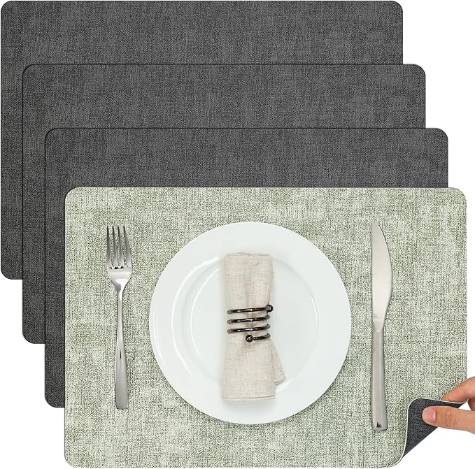 Myir JUN Placemats Dual Sided, Faux Leather Place Mats Set of 4 Indoor Placemat for Dining Table Outdoor Placemats Square Non-Slip Washable Table Mats (Gray Grass Green, Set of 4)