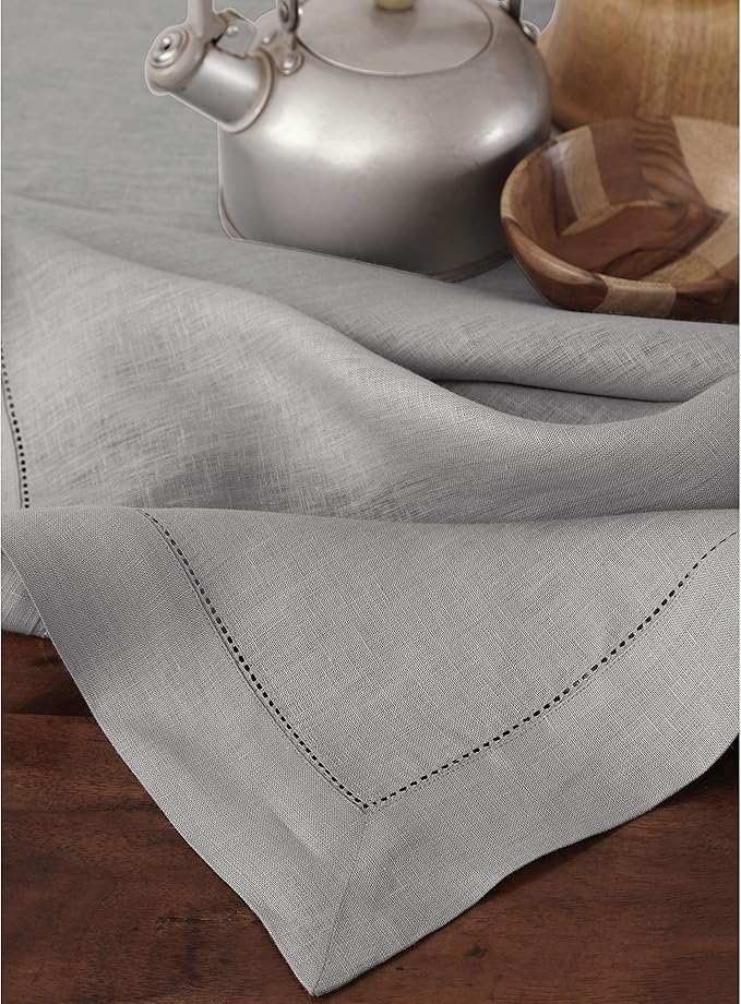 Solino Home Soft Grey Linen Tablecloth 60 x 120 Inch - 100% Pure Linen Hemstitch Table Cloth for Rectangle Tables - Classic Hemstitch, Machine Washable Tablecloth for Summer, Fall, Autumn