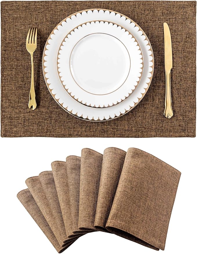 Home Brilliant Cloth Placemats Set of 8 Heat Resistant Dining Table Place Mats Linen Kitchen Table Mats, Brown