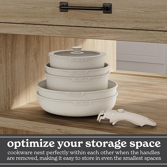 Country Kitchen Cookware Set with Removable Handle, Oven & RV Safe Pots and Pans Set, Cream, Original