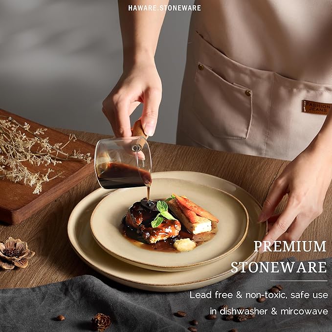 HaWare Stoneware Salad Plates Set of 6, 7.9” Heavy Duty Ceramic Plates, Reactive Glaze Dinnerware for Home Restaurant, Chip and Scratch Resistant, Microwave and Dishwasher Safe, Reactive Sandy Khaki