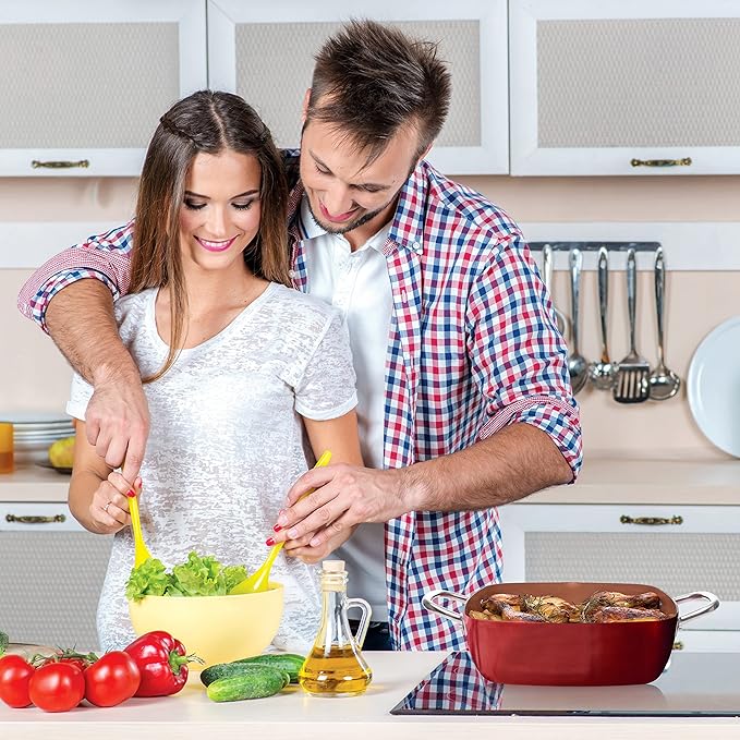 Moss & Stone 5 Pcs Red Copper Chef Cookware Non Stick Deep Frying Pan, Fry Basket, Steamer Rack, Dishwasher & Oven Safe, 5 Qt Deep Square Pan, Induction Copper Cookware Set - 9.5" x 3.5"