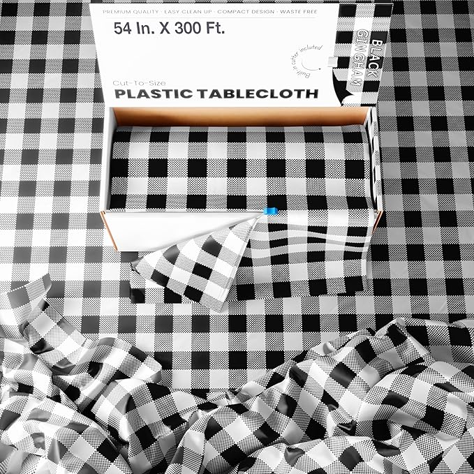 Exquisite Party Solids 54 Inch X 300 Feet Black Gingham Plastic Table Cover Roll in A Cut - to - Size Box with Convenient Slide Cutter. Cuts Up to 36 Rectangle 8 Feet Plastic Disposable Tablecloths