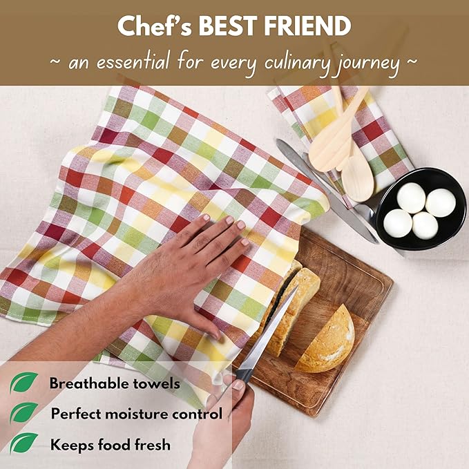 Native Fab Harvest Fall Gingham Check Kitchen Towels 4 Pack 18x26 Inches - 100% Cotton, Soft, Absorbent Dish Towels for Drying & Cleaning, Holiday Dishcloths - Burgundy, Green, Yellow