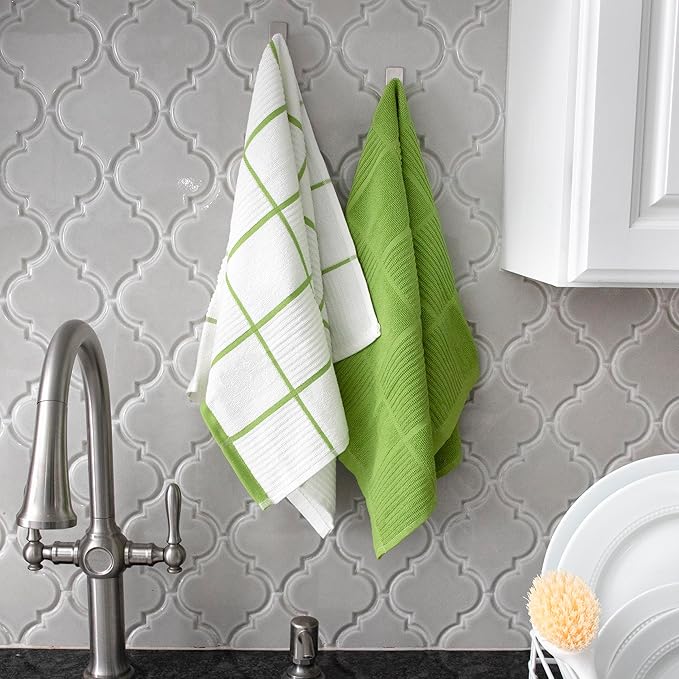 T-FAL Solid & Checked Parquet Kitchen Towels: Highly Absorbent, Super Soft Long Lasting - 100% Cotton, 16"x26" Dish Towels for Cleaning & Drying Dishes, Pans, Glassware, or Countertops, 2-Pack, Green