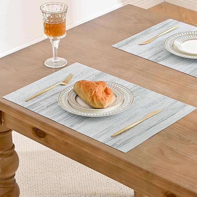 Leetaltree LightSteel Blue Placemats Set of 8 - Heat Resistant Non-Slip Place mats for Dining Table, Washable Durable PVC Vinyl Woven Table Mats（LightSteel Blue, 8）