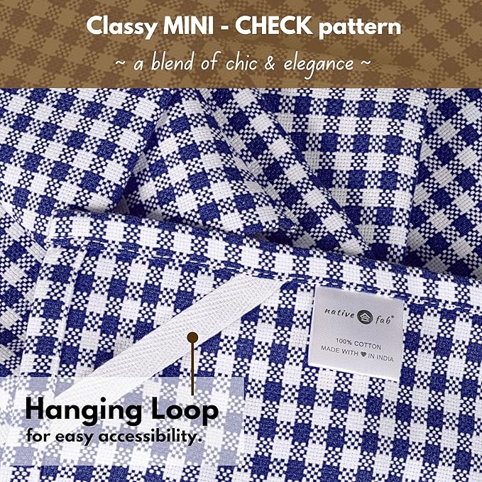 Native Fab 12 Pack Gingham Mini Check Kitchen Dish Towel Cotton Durable Washable 16"x26" - Tea Towels, Soft Absorbent Cleaning Towels, Hand Towel with Hanging Loop - Blue White