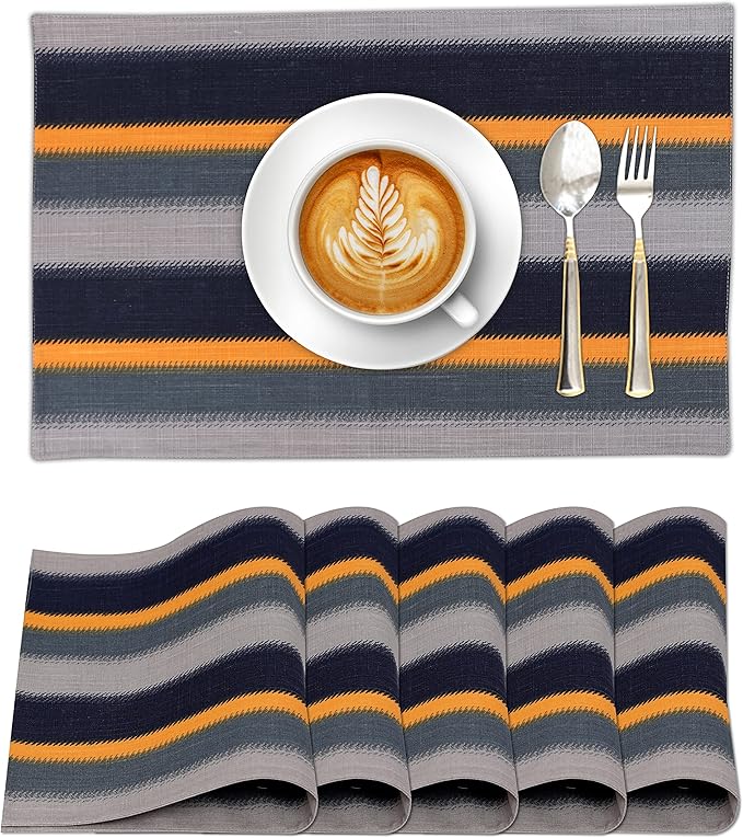 Ruvanti Placemats 100% Cotton 13x19 Inch, Dining Table Placemats Set of 6, Modern Place Mats for Dining Table Decor, Kitchen & Table Linens, Coffee Mat for Christmas Dinners - Stripes