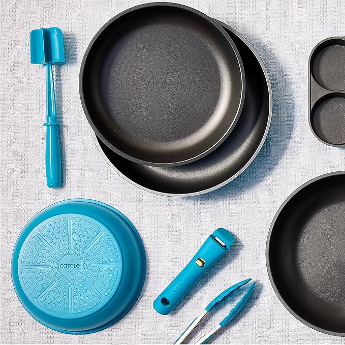 CAROTE 20pcs Pots and Pans Set, Nonstick Cookware Set Detachable Handle, Induction Kitchen Cookware Sets Non Stick with Removable Handle, RV Cookware Set, Peacock Blue