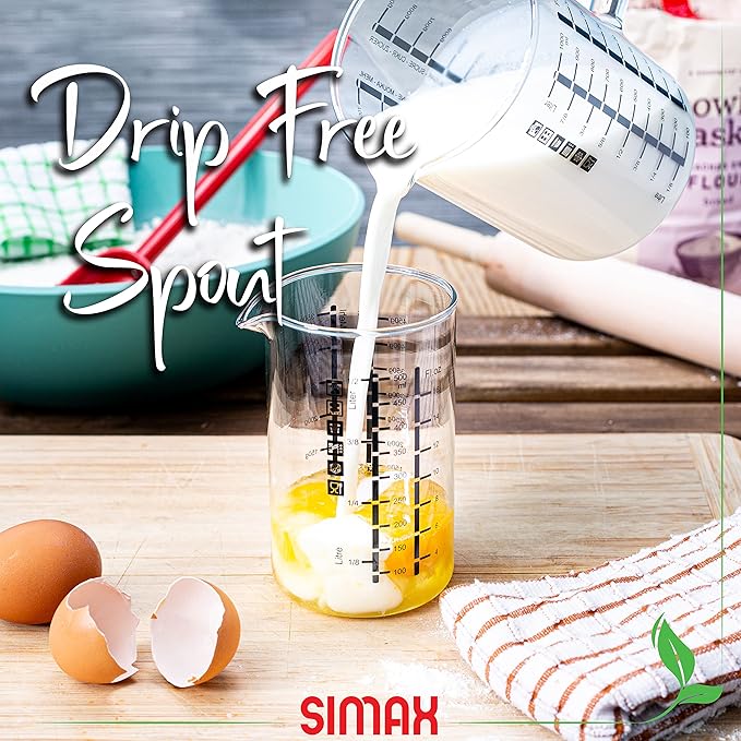 Simax Glass Measuring Cup, Durable Borosilicate Glass, Pack of 2 includes 32 oz and 16 oz Easy to Read Metric Measurements in Liter, Milliliter, Ounce, Sugar Grams, Drip Free Spout, Microwave Safe