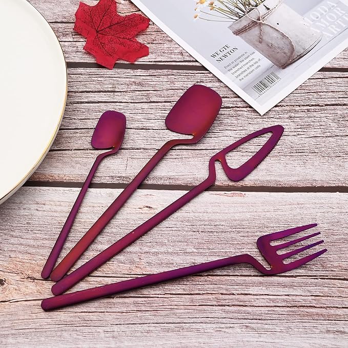 JASHII Silverware Set 24-Piece Stainless Steel Flatware Kitchen Utensil Service for 6 - Tableware Cutlery Dishwasher Safe (Matte Purple, Satin Finish)