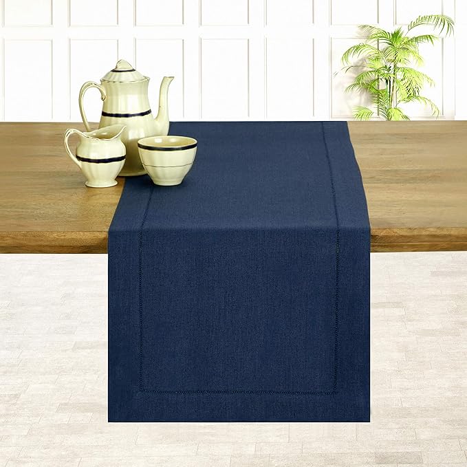 D'Moksha Homes Linen Navy Blue Table Runner 102 Inches Long - 100% Pure Linen Hemstitch 14 x 102 Inch Table Runner for Dining, Summer, Fall and Halloween - Classic Hemstitch