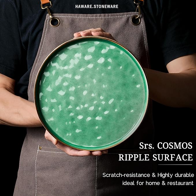 HaWare Stoneware Plates Set of 6, 7.9" Salad Plates, Reactive Glaze Ripple Ceramic Dish Set for Appetizer, Dessert, Scratch Resistant, Small Dinner Plate, Microwave and Dishwasher Safe, Reactive Green