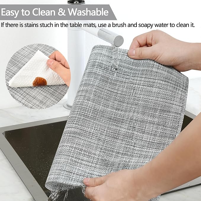 Placemats Set of 8 - Easy Clean Washable Vinyl Placemats - Wipeable Heat Resistant Table Mats for Dining Table - 17.7x11.8 Inch (8, Black & White Two-Tone)