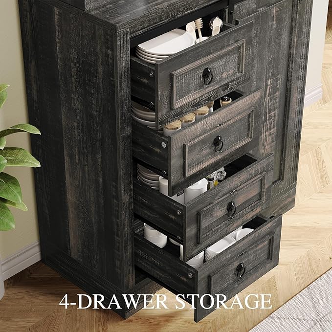 DWVO Kitchen Pantry Storage Cabinet with Barn Door, Tall Storage Cabinet with 4 Drawers and Adjustable Shelves, Versatile Storage for Living Room, Dining Room or Hallway, Drak Oak