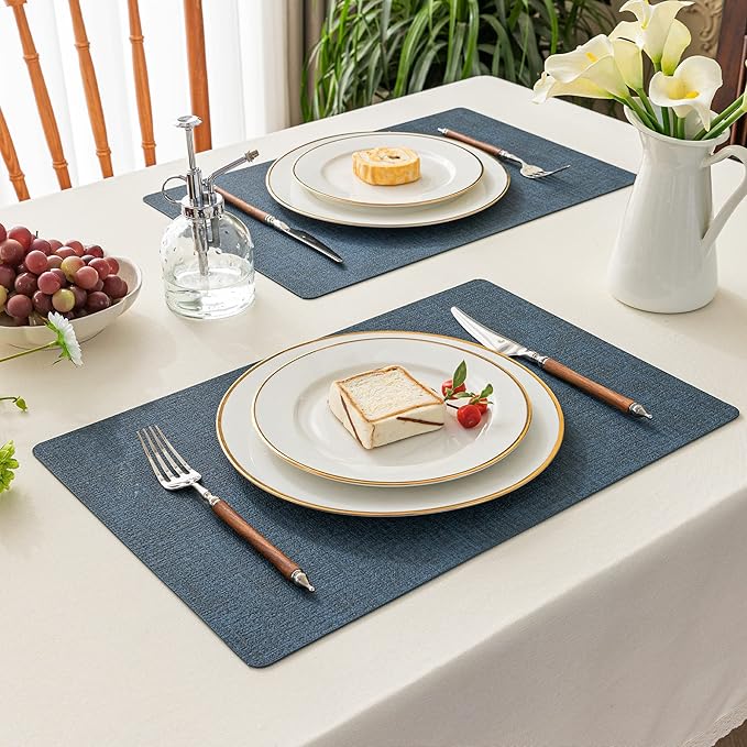 Romanstile Vinyl Placemats Set of 6-12 X 18 Inch - Heat Resistant Place Mats 100% Waterproof Oilproof Wipeable Reversible Faux Leather Table Mats for Kitchen/Dining/Party/Outdoor, Navy Blue